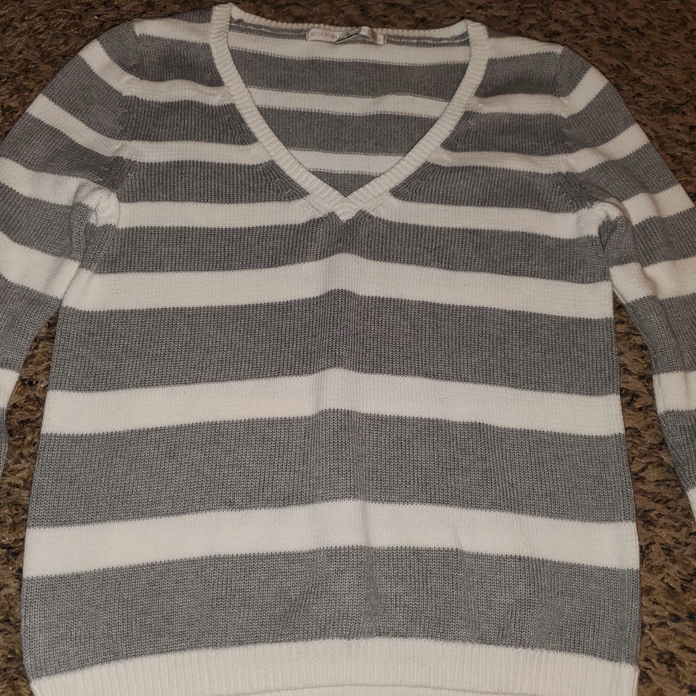 Boston Proper Gray and White Striped V-Neck Sweater